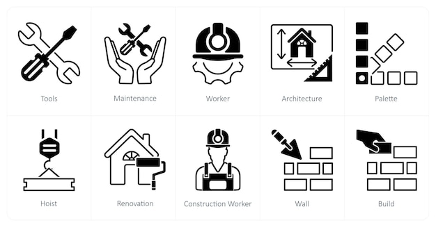 Un conjunto de 10 iconos de construcción como herramientas de mantenimiento del trabajador