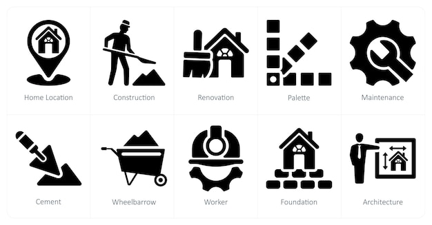Un conjunto de 10 íconos de construcción como renovación de la construcción de la ubicación de la casa