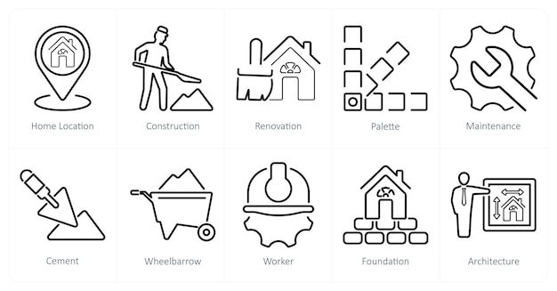 Un conjunto de 10 íconos de construcción como renovación de la construcción de la ubicación de la casa