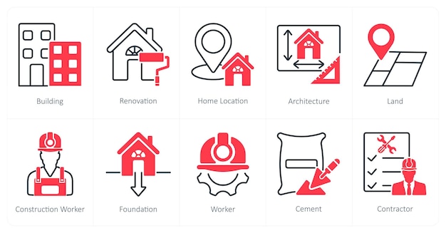 Un conjunto de 10 iconos de construcción como ubicación de la casa de renovación de edificios
