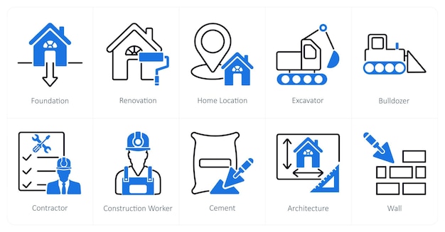 Un conjunto de 10 iconos de construcción como ubicación de renovación de la casa de la fundación