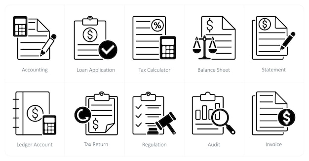 Un conjunto de 10 iconos de contabilidad como calculadora de impuestos de solicitud de préstamo de contabilidad