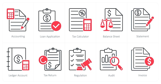 Un conjunto de 10 iconos de contabilidad como calculadora de impuestos de solicitud de préstamo de contabilidad