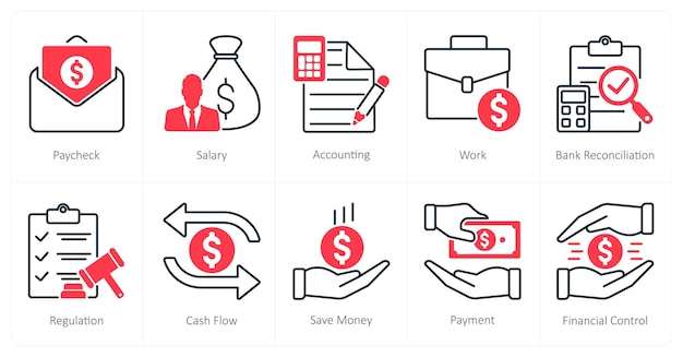 Un conjunto de 10 iconos de contabilidad como contabilidad de cheques de pago