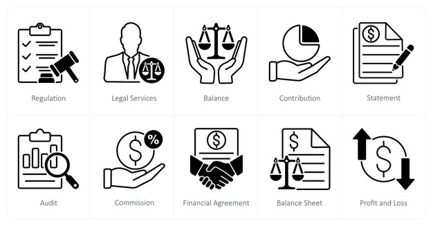Un conjunto de 10 iconos contables como equilibrio de servicios jurídicos de regulación