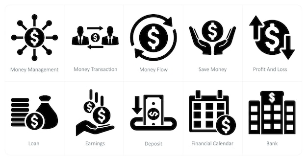 Un conjunto de 10 iconos contables como el flujo de dinero de la transacción de gestión de dinero
