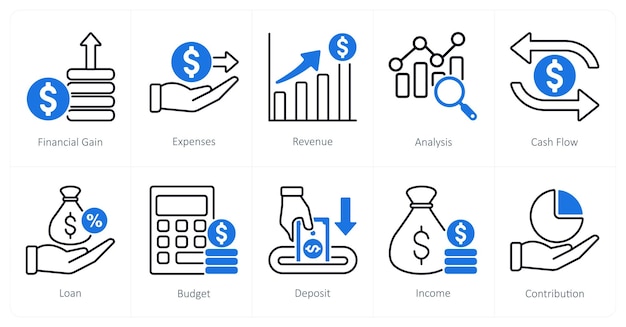 Un conjunto de 10 iconos contables como ganancias financieras gastos ingresos
