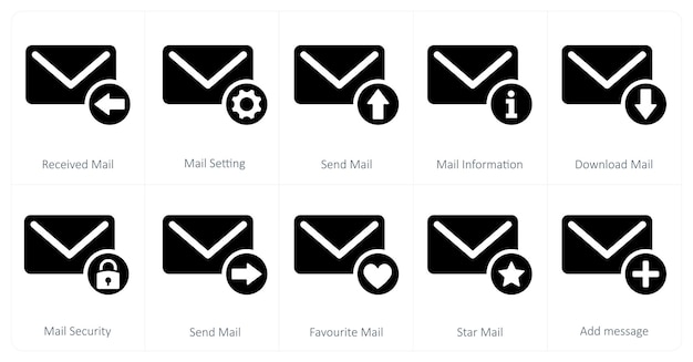 Un conjunto de 10 iconos de correo como correo recibido configuración de correo enviar correo