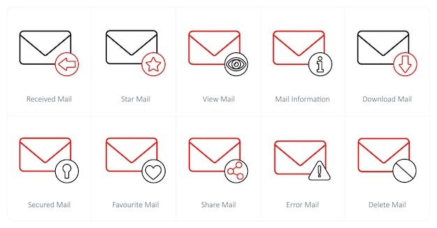 Un conjunto de 10 iconos de correo como correo recibido estrella correo vista información de correo