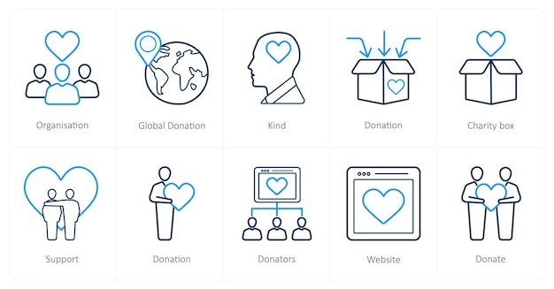 Un conjunto de 10 íconos de crowdfunding como donación global de la organización