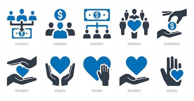 Un conjunto de 10 íconos de crowdfunding como donación de inversión de los inversores