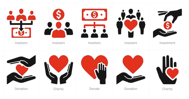 Un conjunto de 10 íconos de crowdfunding como donación de inversión de los inversores