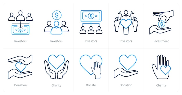 Un conjunto de 10 íconos de crowdfunding como donación de inversión de los inversores