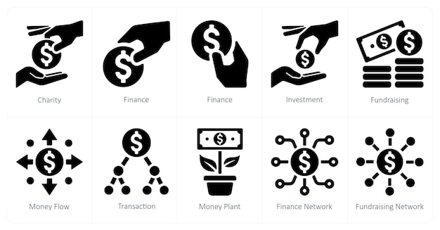 Un conjunto de 10 íconos de crowdfunding como inversión de financiación de caridad