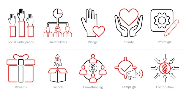 Un conjunto de 10 iconos de crowdfunding como promesa de participación social de los accionistas
