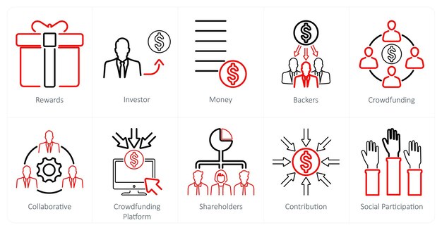 Un conjunto de 10 iconos de crowdfunding como recompensa al dinero de los inversores