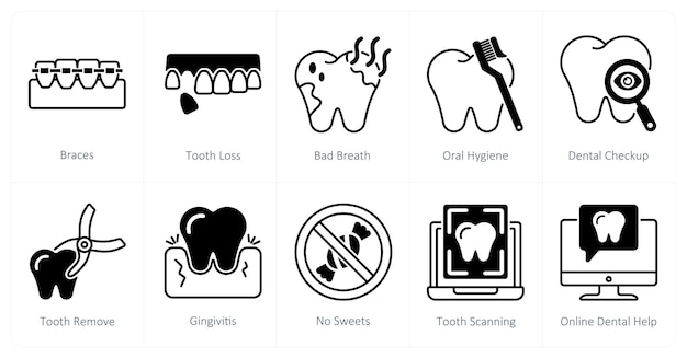 Un conjunto de 10 iconos de cuidado dental como aparatos ortopédicos pérdida de dientes mal aliento