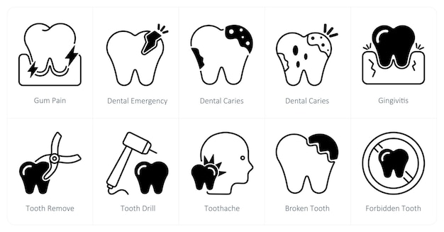 Un conjunto de 10 iconos de cuidado dental como dolor de encías, caries dentales de emergencia