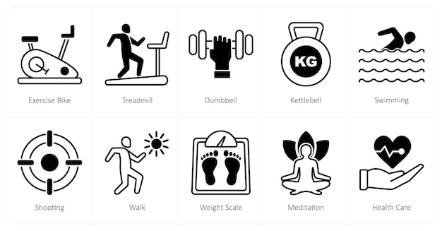 Un conjunto de 10 íconos de deportes y fitness como bicicleta de ejercicio cinta de correr campana tonta