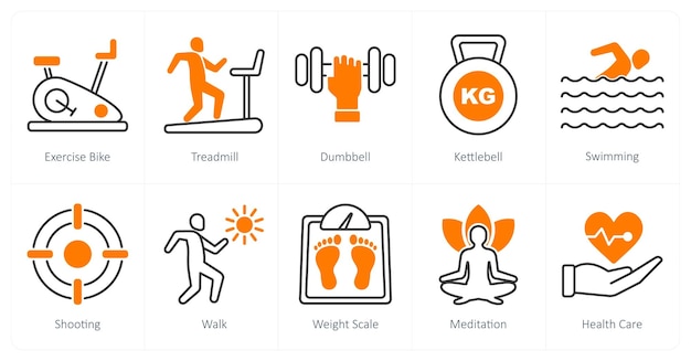 Un conjunto de 10 íconos de deportes y fitness como bicicleta de ejercicio cinta de correr campana tonta