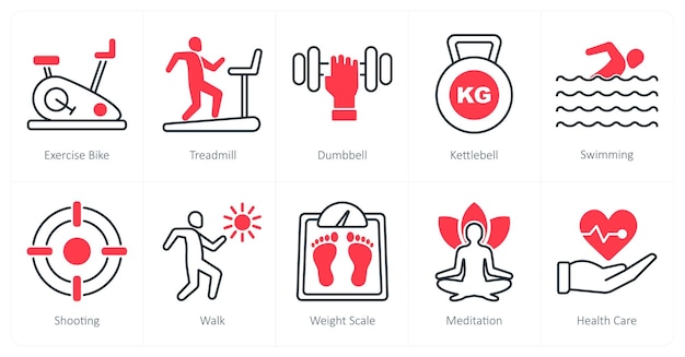 Un conjunto de 10 íconos de deportes y fitness como bicicleta de ejercicio cinta de correr campana tonta