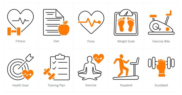 Un conjunto de 10 íconos de deportes y fitness como pulso de dieta de fitness