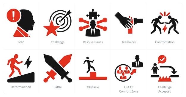 Un conjunto de 10 iconos de desafío como desafío de miedo para resolver problemas
