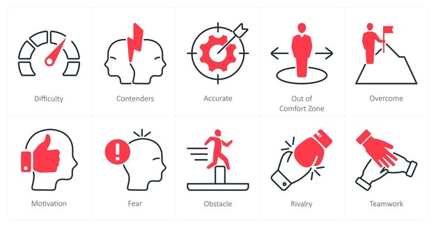 Un conjunto de 10 iconos de desafío como la dificultad de los contendientes precisos