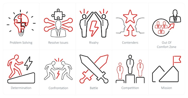 Un conjunto de 10 iconos de desafío como la resolución de problemas resolver problemas rivalidad