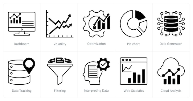 Un conjunto de 10 iconos de diagrama como optimización de volatilidad del tablero