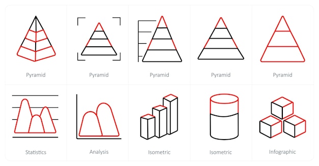 Un conjunto de 10 íconos de diagramas e informes como análisis estadístico de pirámide