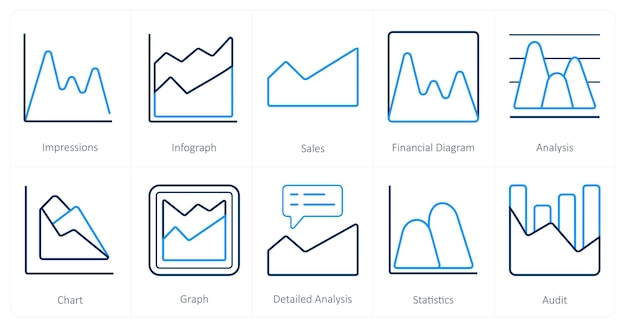 Un conjunto de 10 íconos de diagramas e informes como impresiones de ventas de infografía