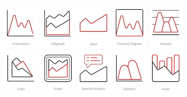Un conjunto de 10 íconos de diagramas e informes como impresiones de ventas de infografía