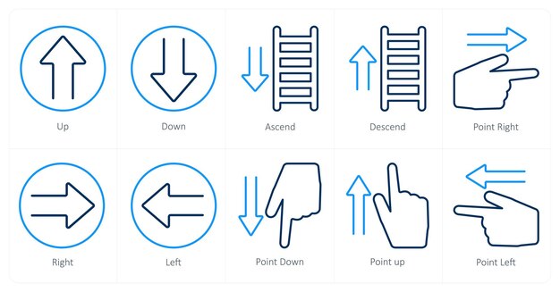 Un conjunto de 10 iconos de dirección como arriba abajo ascender