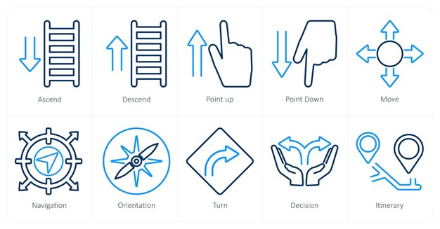 Un conjunto de 10 iconos de dirección como ascender descender punto hacia arriba