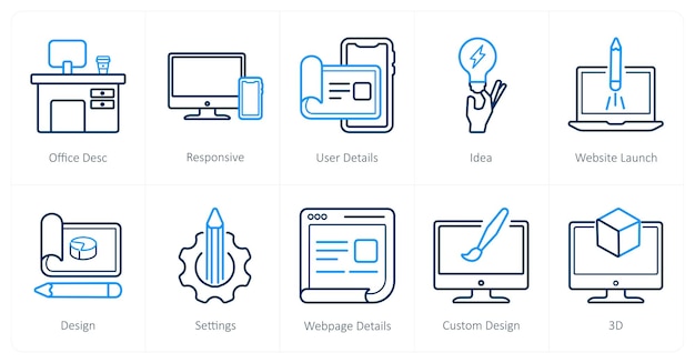 Un conjunto de 10 iconos de diseño y creatividad como detalles de usuario responsivos de Office Desk