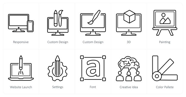 Un conjunto de 10 iconos de diseño y creatividad como diseño personalizado 3D responsivo