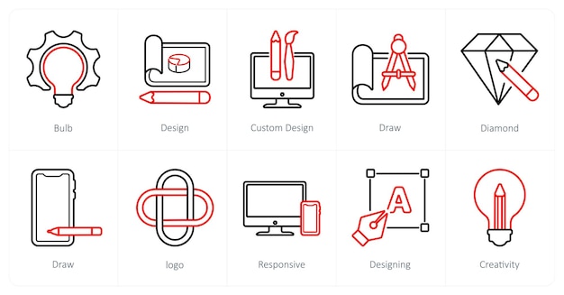 Un conjunto de 10 iconos de diseño y creatividad como diseño personalizado de bombillas