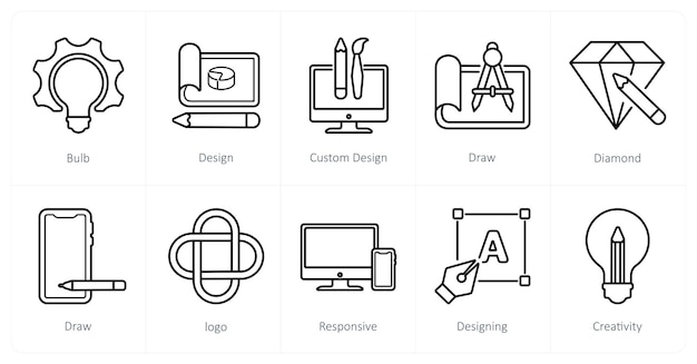 Un conjunto de 10 iconos de diseño y creatividad como diseño personalizado de bombillas