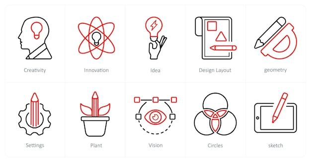 Un conjunto de 10 íconos de diseño y creatividad como idea de innovación creativa