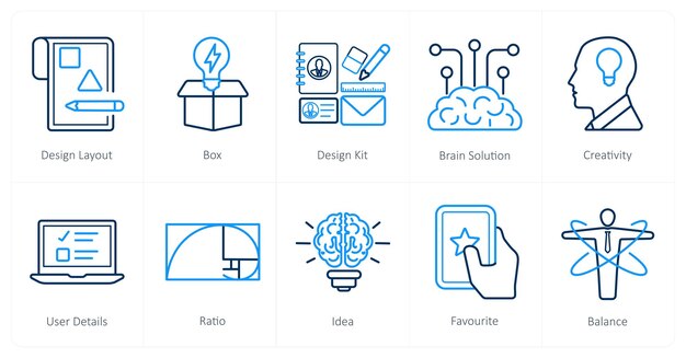Un conjunto de 10 iconos de diseño y creatividad como kit de diseño de caja de diseño de diseño