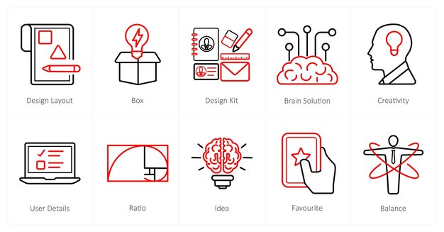 Un conjunto de 10 iconos de diseño y creatividad como kit de diseño de caja de diseño de diseño