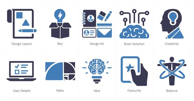 Un conjunto de 10 iconos de diseño y creatividad como kit de diseño de caja de diseño de diseño
