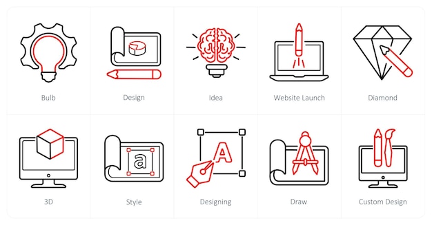 Un conjunto de 10 iconos de diseño y creatividad como lanzamiento del sitio web de la idea de la bombilla