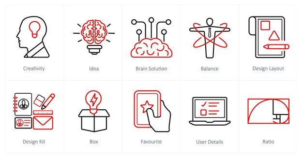 Un conjunto de 10 iconos de diseño y creatividad como solución cerebral de ideas de creatividad