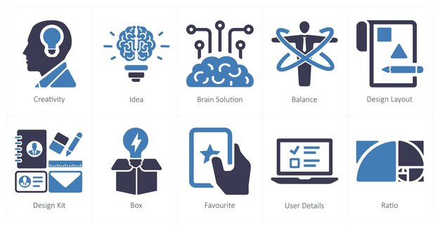 Un conjunto de 10 iconos de diseño y creatividad como solución cerebral de ideas de creatividad