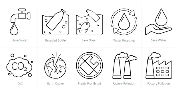 Un conjunto de 10 íconos de ecología como ahorra agua reciclada botella ahorra océano