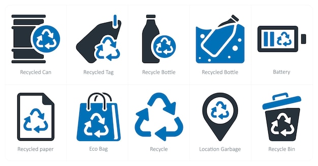 Un conjunto de 10 iconos de ecología como botella de etiqueta de reciclaje de lata reciclada