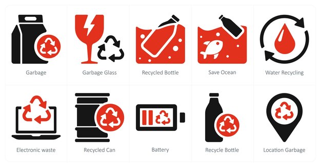 Un conjunto de 10 iconos de ecología como botella reciclada de vidrio de basura
