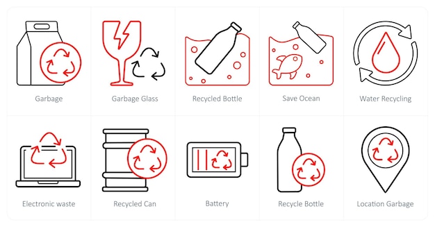 Un conjunto de 10 iconos de ecología como botella reciclada de vidrio de basura